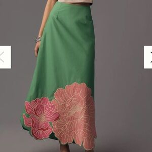 FARM Rio Green A-Line Skirt with Pink Floral Design